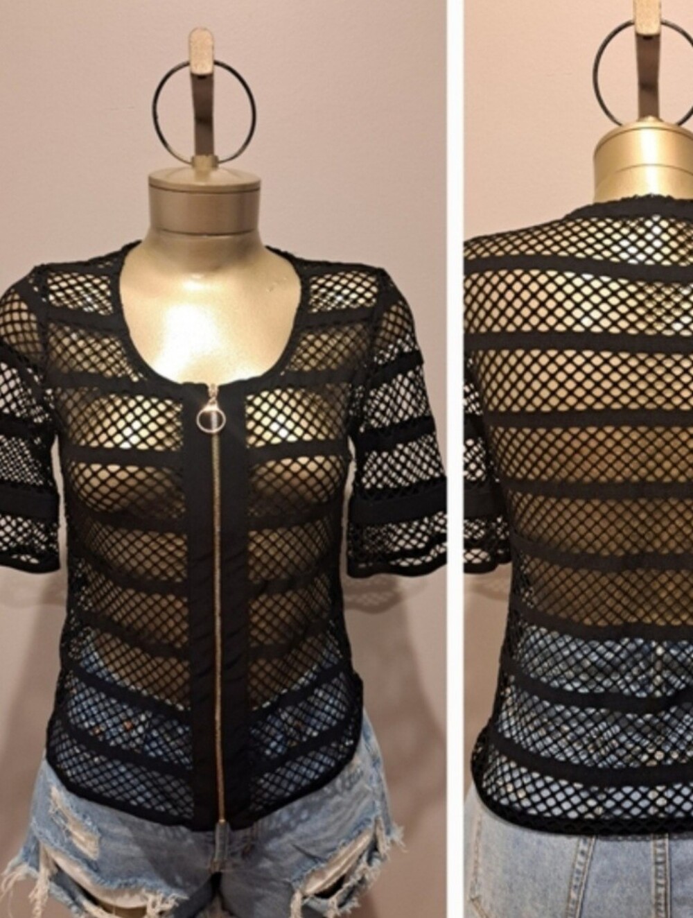 Bali Black Open Fishnet Top With Gold Front Zipper